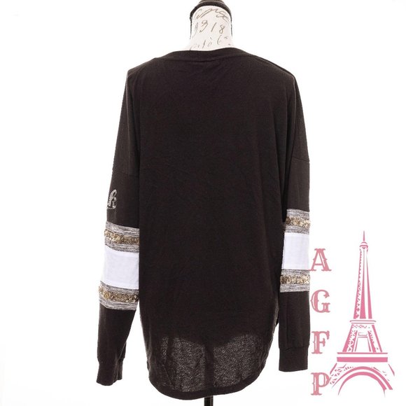 PINK VS bling Logo sequin Varsity black V neck Top - Picture 5 of 10